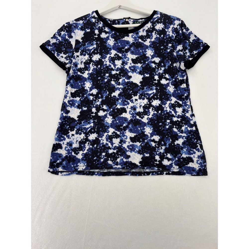 Lauren Ralph Lauren‎ Abstract Print Top Womens PL Blue White Short Sleeve Blouse